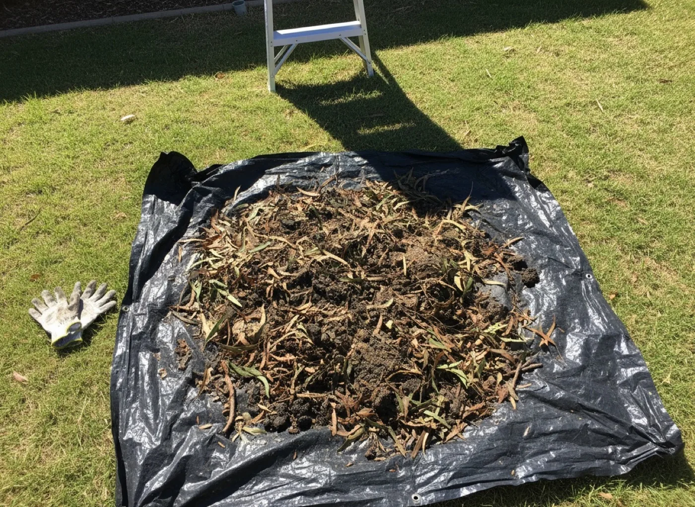 C&J gutter cleaning debris collected on a tarp, work in progress