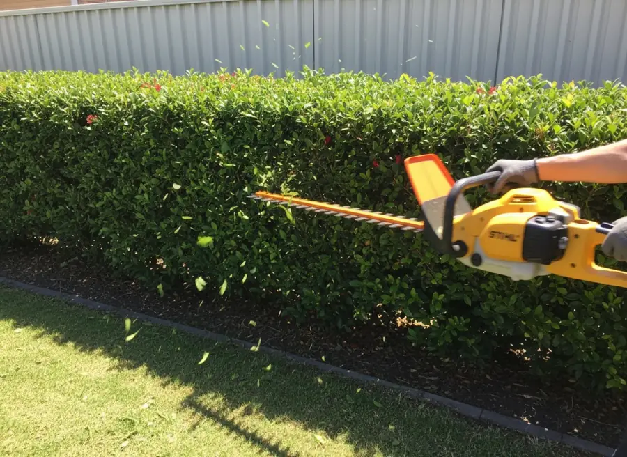 Petrol hedge trimmer mid-cut along a photinia hedge in late afternoon sun
