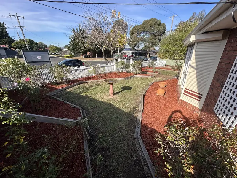 Front yard with fresh red mulch around an established bed and birdbath